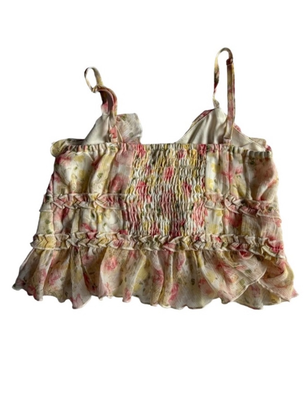 Coquette Floral Tie Front Ruffle Crop Top NWT Pink Yellow Small - Picture 3 of 9